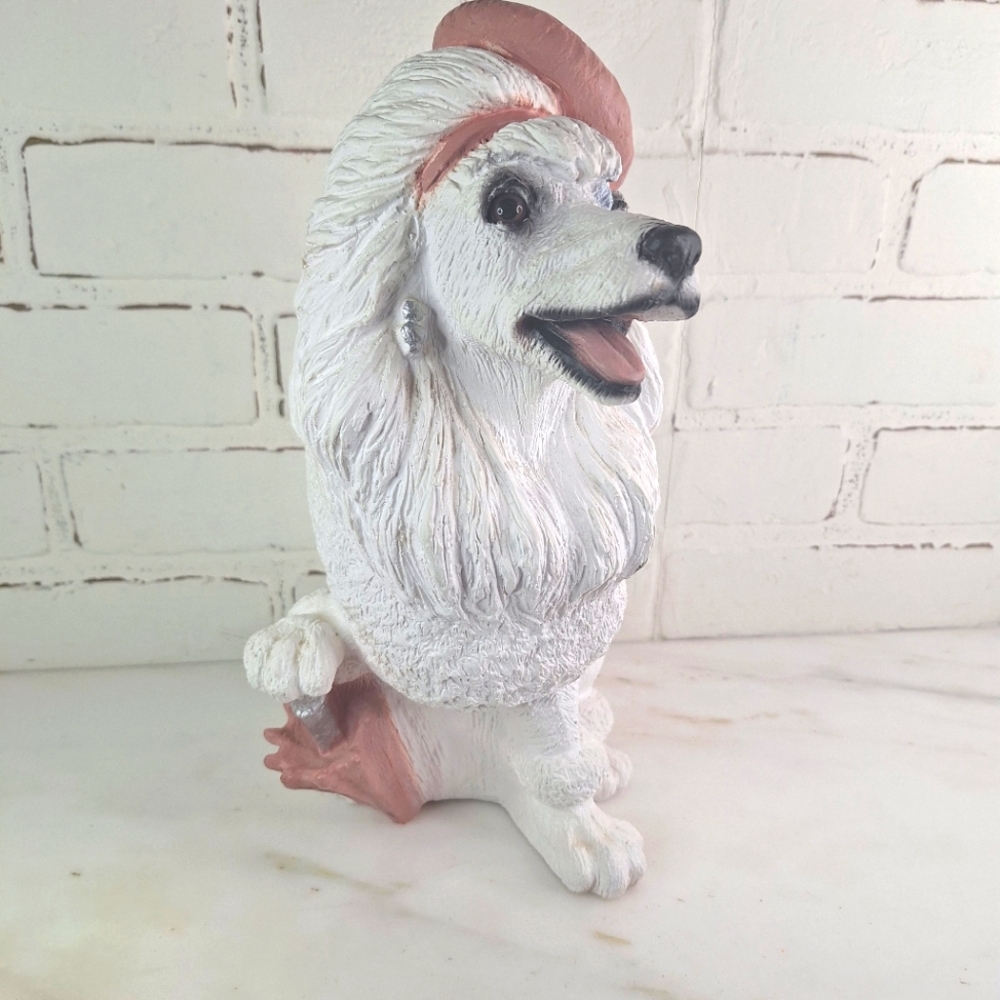1995 LARGE 12" WHITE FRENCH POODLE STATUE Beret Parasol UNIVERSAL STATUARY